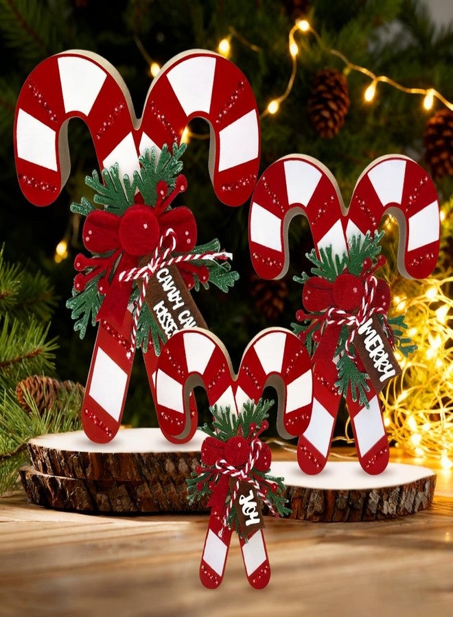 Teeloray 3 Pcs Christmas Candy Cane Wooden Table Decorations 3D Glitter Candy Cane Decor Farmhouse Tabletop Wooden Sign Red and White Christmas Tiered Tray Decor Xmas Home Kitchen Centerpieces for Tables - Image 1
